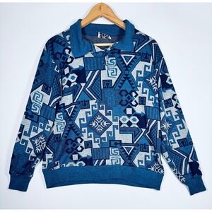 CP Sport Knit Top Womens Large Blue White Geometric 90s Vintage Boxy Pullover